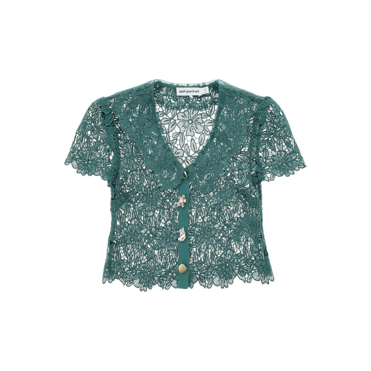 SELF PORTRAIT - Green Floral Guipure Lace Top With Chelsea Collar And Jewel Buttons - JOHN JULIA