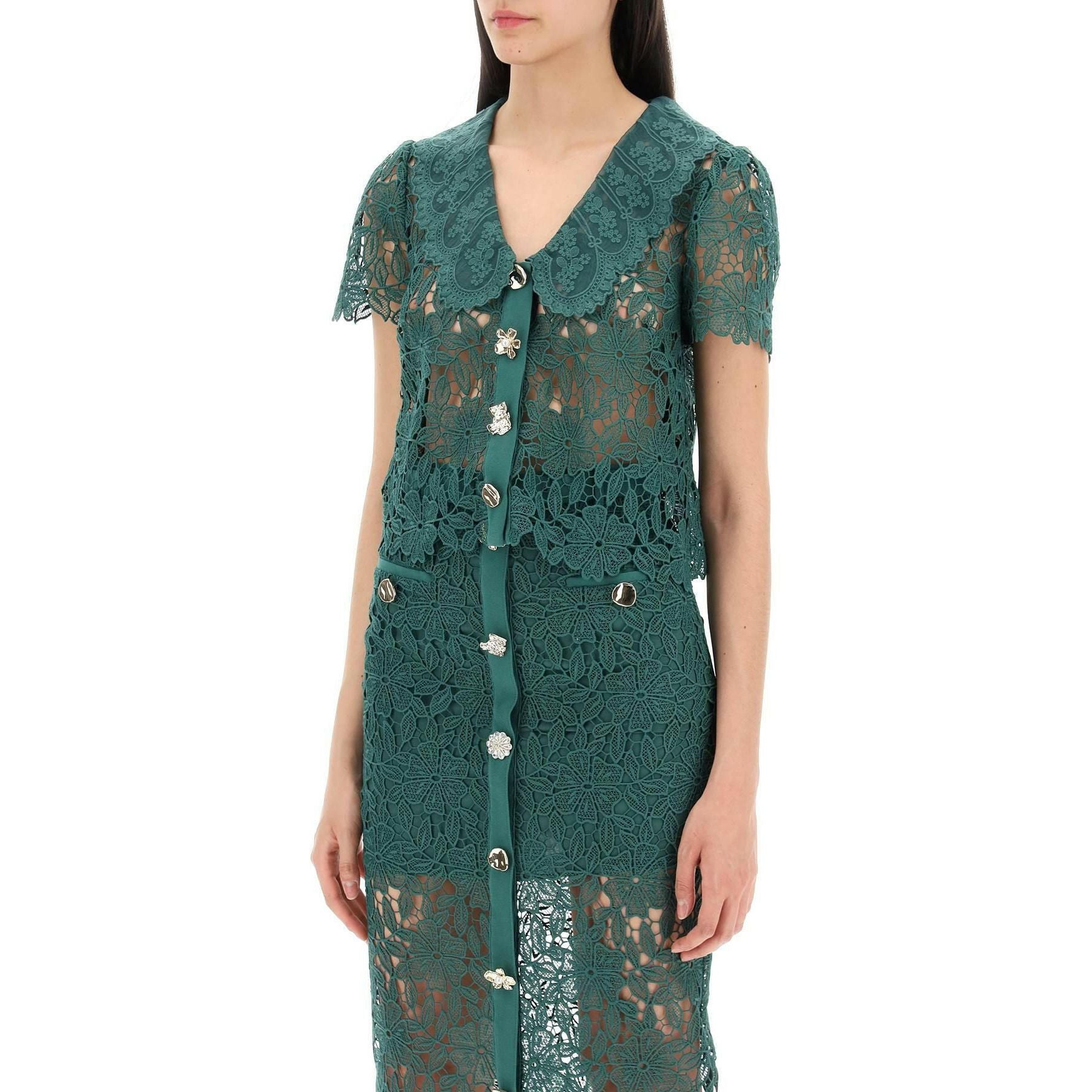 Green Floral Guipure Lace Top With Chelsea Collar And Jewel Buttons SELF PORTRAIT JOHN JULIA.