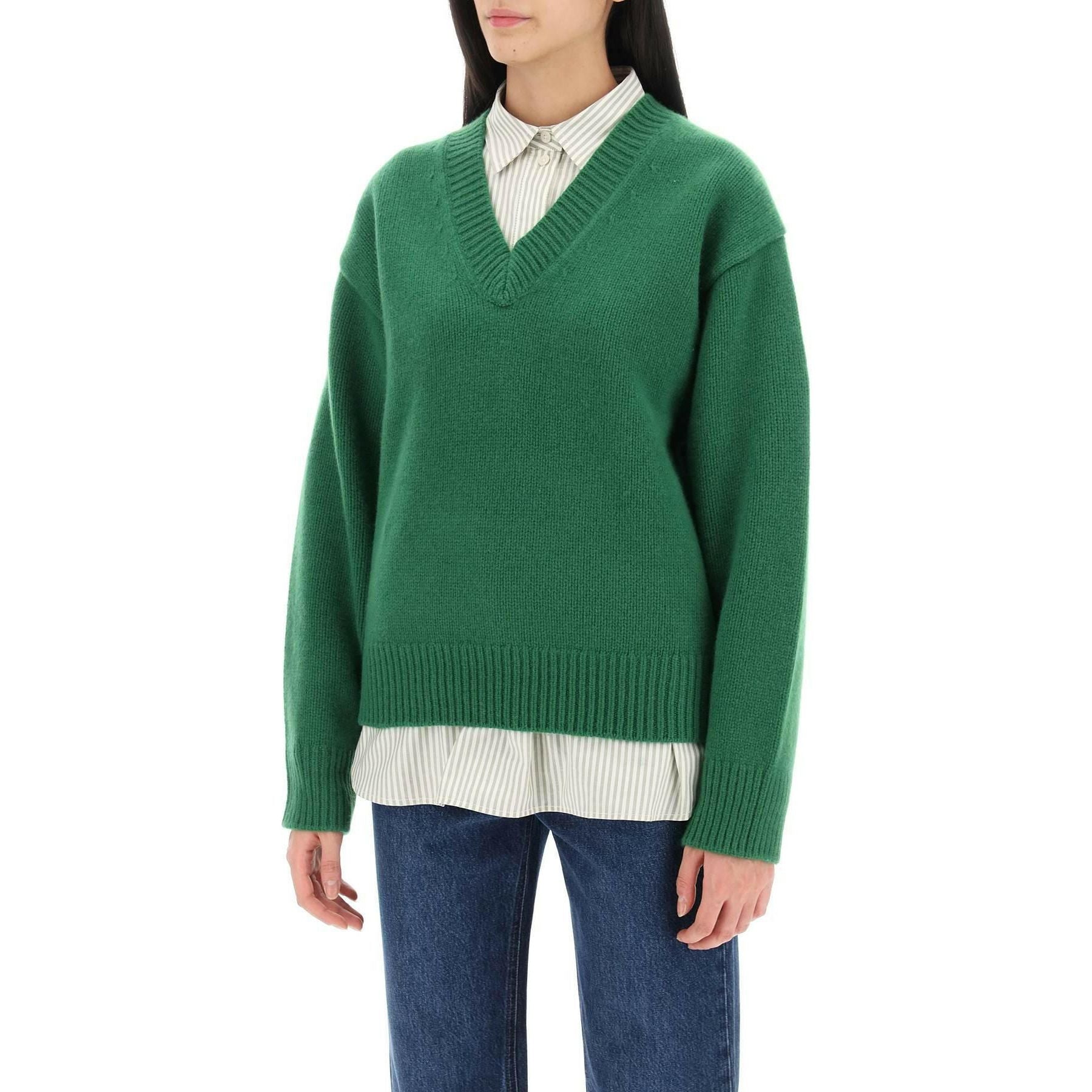 Pine Green Soft Wool-Cashmere V-Neck Sweater TOTEME JOHN JULIA.