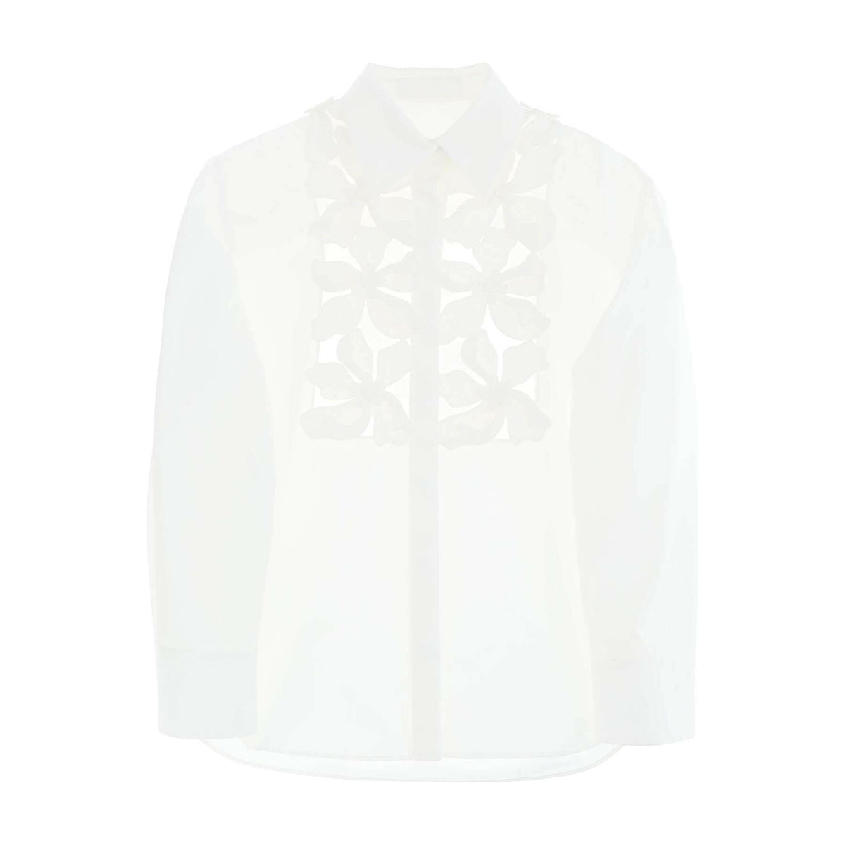 VALENTINO GARAVANI - White Cotton Compact Poplin Embroidered Shirt With Hibiscus Cut-Outs - JOHN JULIA