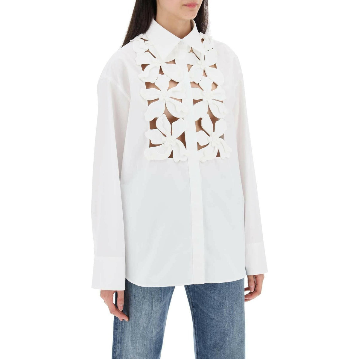 VALENTINO GARAVANI - White Cotton Compact Poplin Embroidered Shirt With Hibiscus Cut-Outs - JOHN JULIA