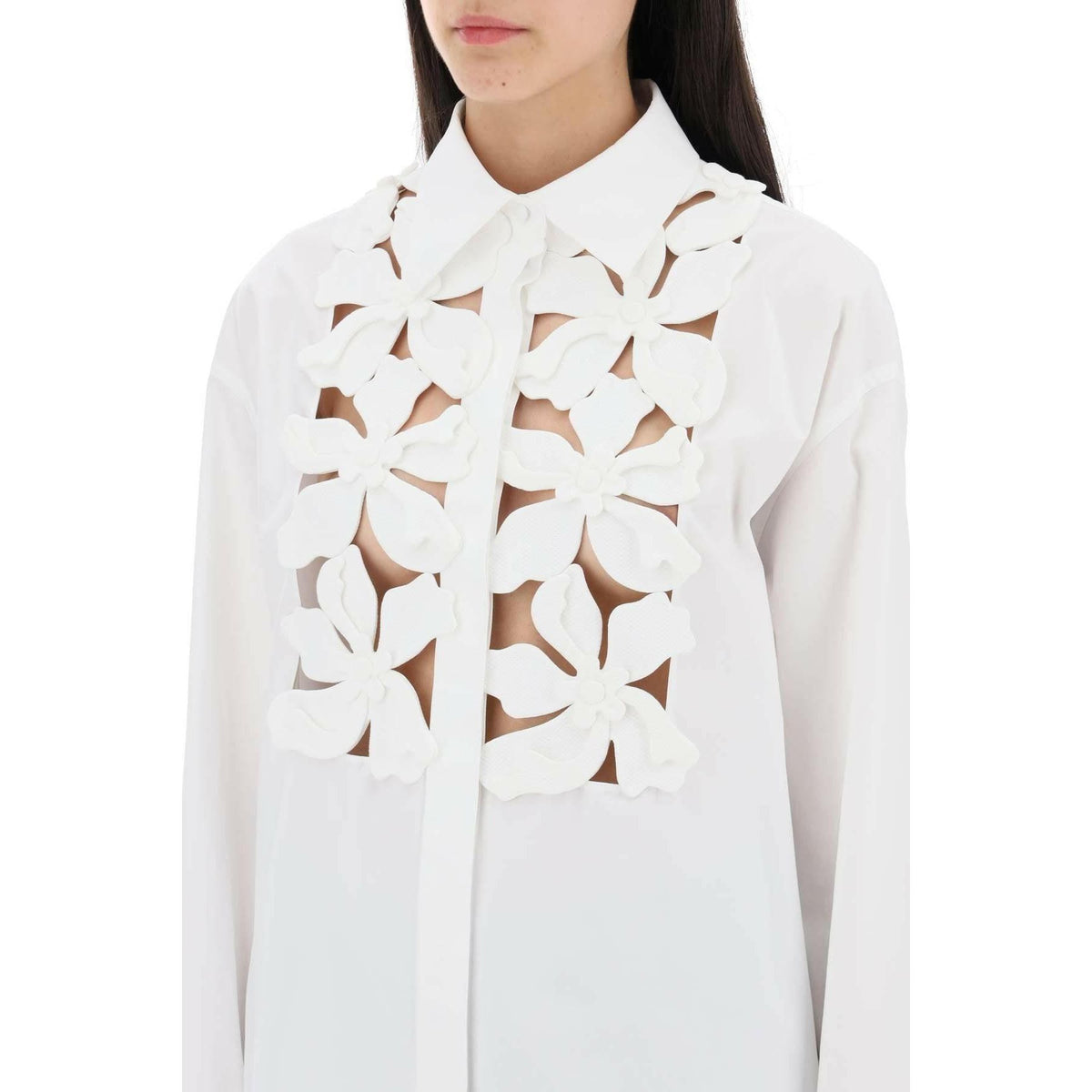 White Cotton Compact Poplin Embroidered Shirt With Hibiscus Cut-Outs VALENTINO GARAVANI JOHN JULIA.
