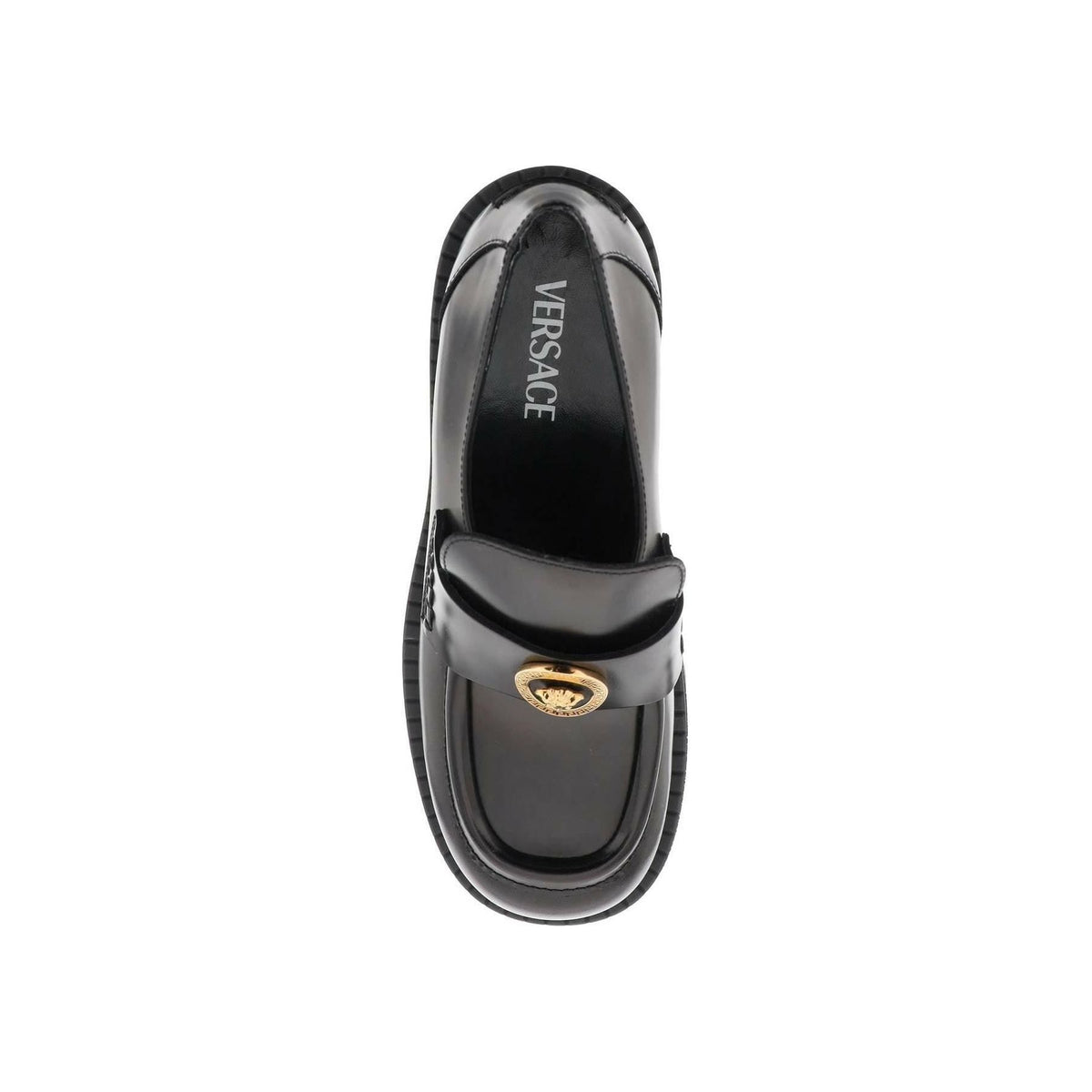VERSACE - Black Brushed Leather Alia Loafers With Medusa Emblem - JOHN JULIA