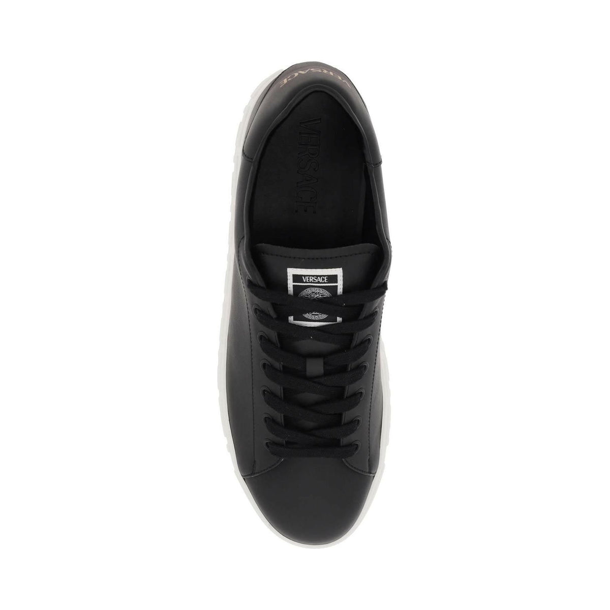 VERSACE - Black Faux Leather Greca Sneakers With Embossed Motif - JOHN JULIA