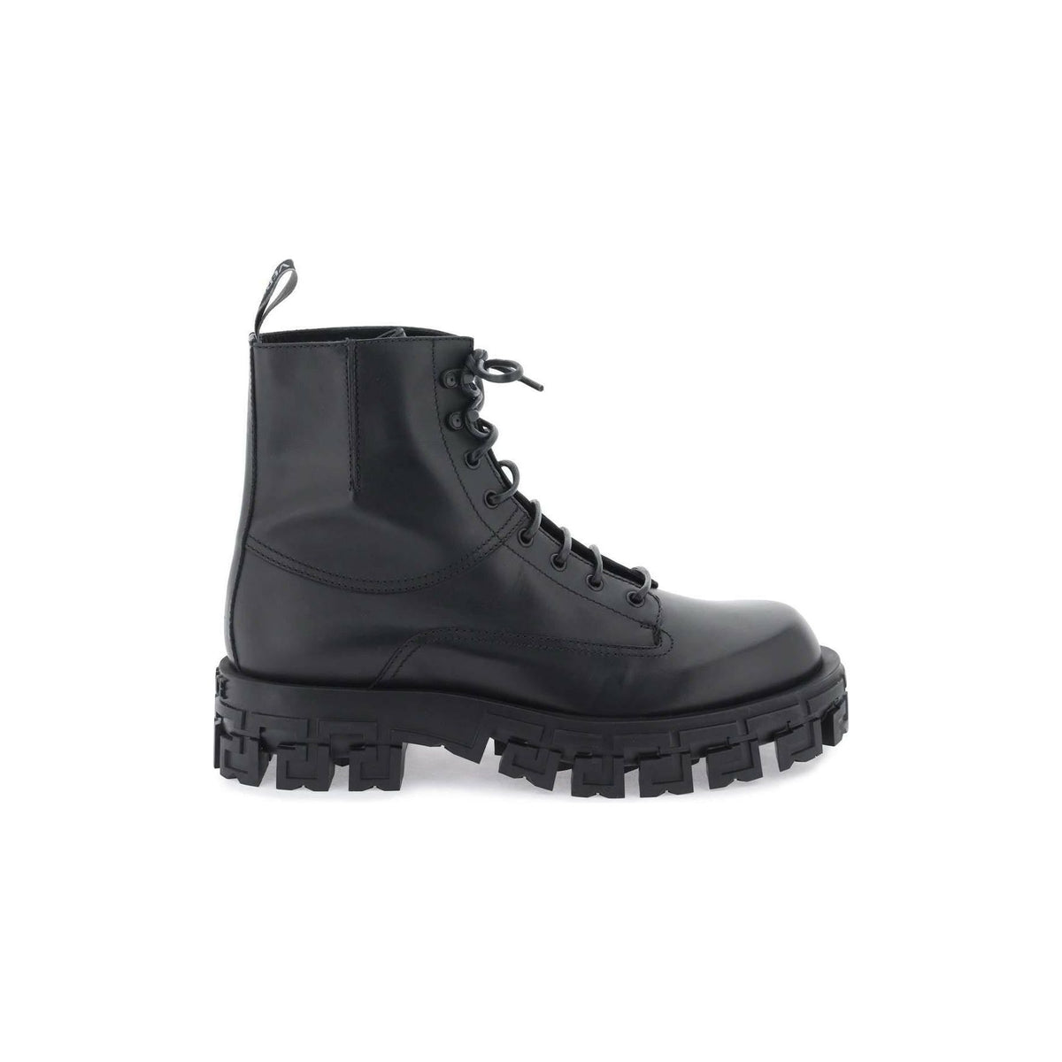 VERSACE - Black Smooth Leather Greca Portico Combat Boots With Waxed Laces - JOHN JULIA