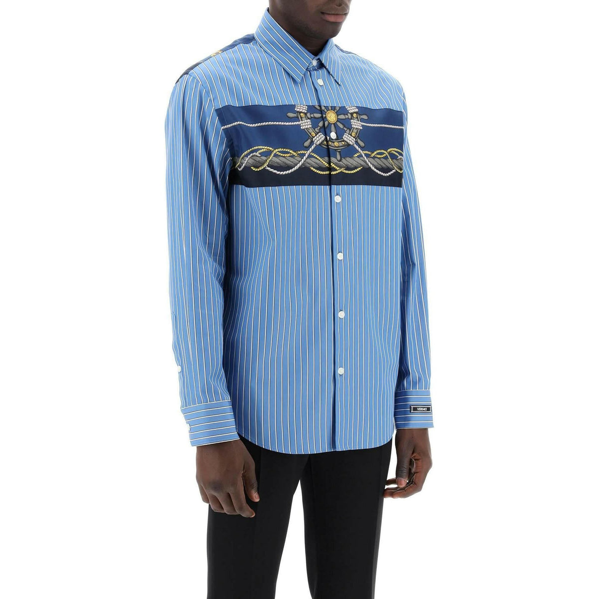 VERSACE - Blue Gold Striped Cotton Poplin Shirt With Silk Twill Insert - JOHN JULIA