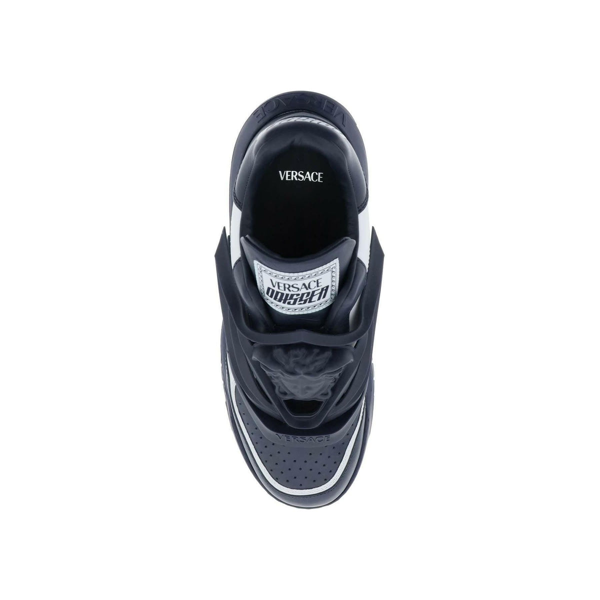 VERSACE - Blue Night White Leather Odissea Slip-On Sneakers With Three-Dimensional Medusa - JOHN JULIA