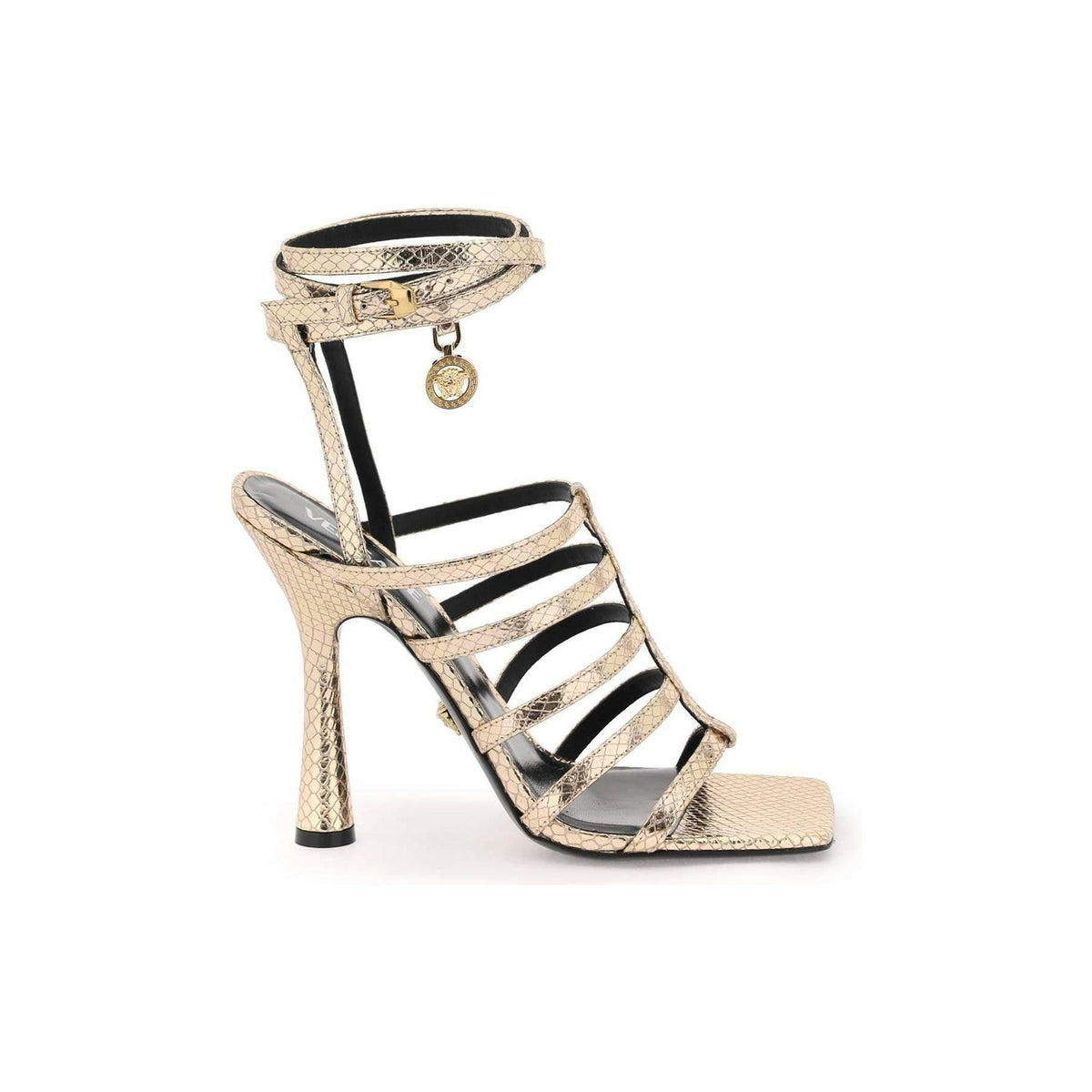 VERSACE - Champagne Gold Snake-Effect Lycia Structure Sandals With Medusa Charm - JOHN JULIA