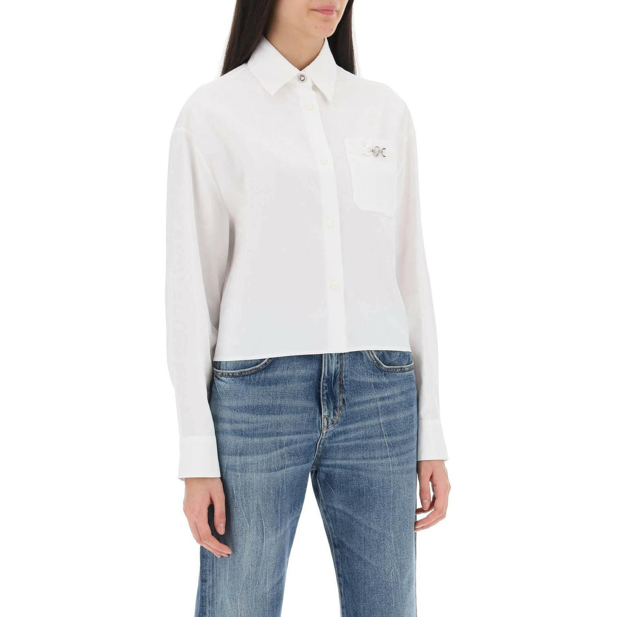 VERSACE - Optical White Cotton Poplin Barocco Cropped Shirt With Medusa '95 Detail - JOHN JULIA