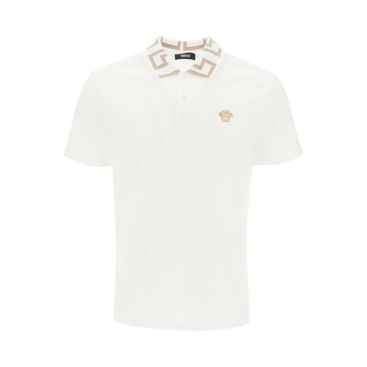 VERSACE - Optical White Greca Short-Sleeved Cotton Polo Shirt - JOHN JULIA