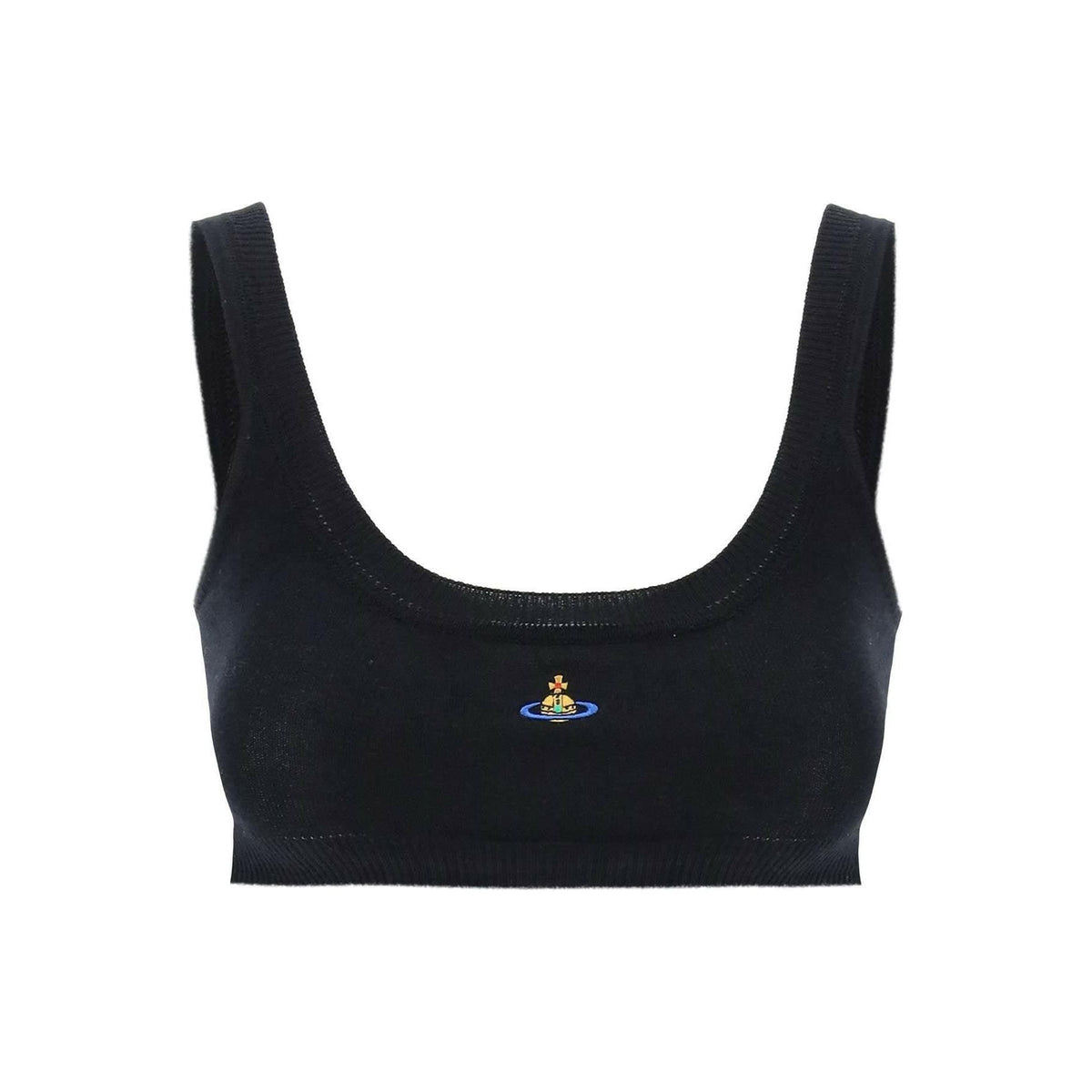 VIVIENNE WESTWOOD - Black Pure Cotton Knit Cropped Bra Top With Orb Embroidery - JOHN JULIA