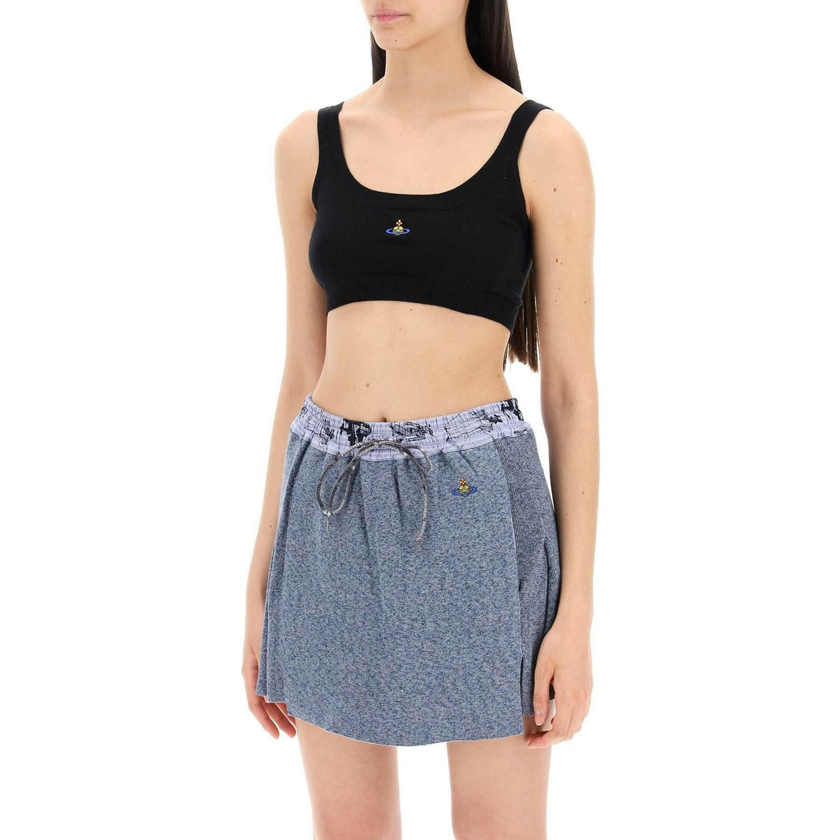 Black Pure Cotton Knit Cropped Bra Top With Orb Embroidery VIVIENNE WESTWOOD JOHN JULIA.