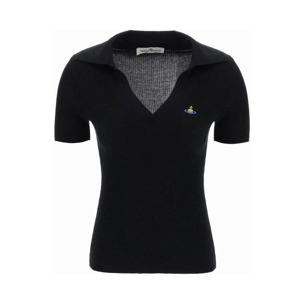 VIVIENNE WESTWOOD - Black Ribbed Cotton Marina Polo With Orb Embroidery - JOHN JULIA
