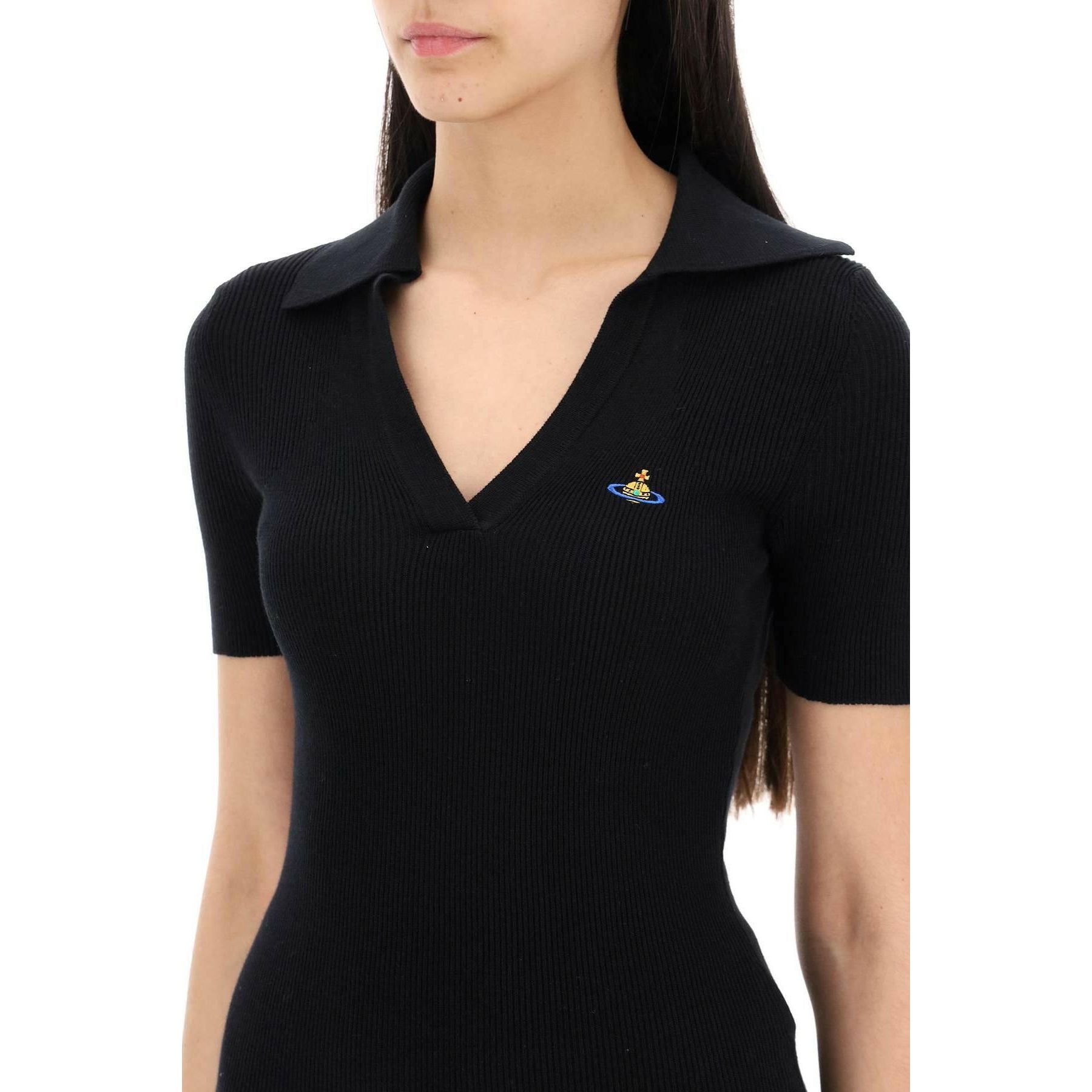 Black Ribbed Cotton Marina Polo With Orb Embroidery VIVIENNE WESTWOOD JOHN JULIA.