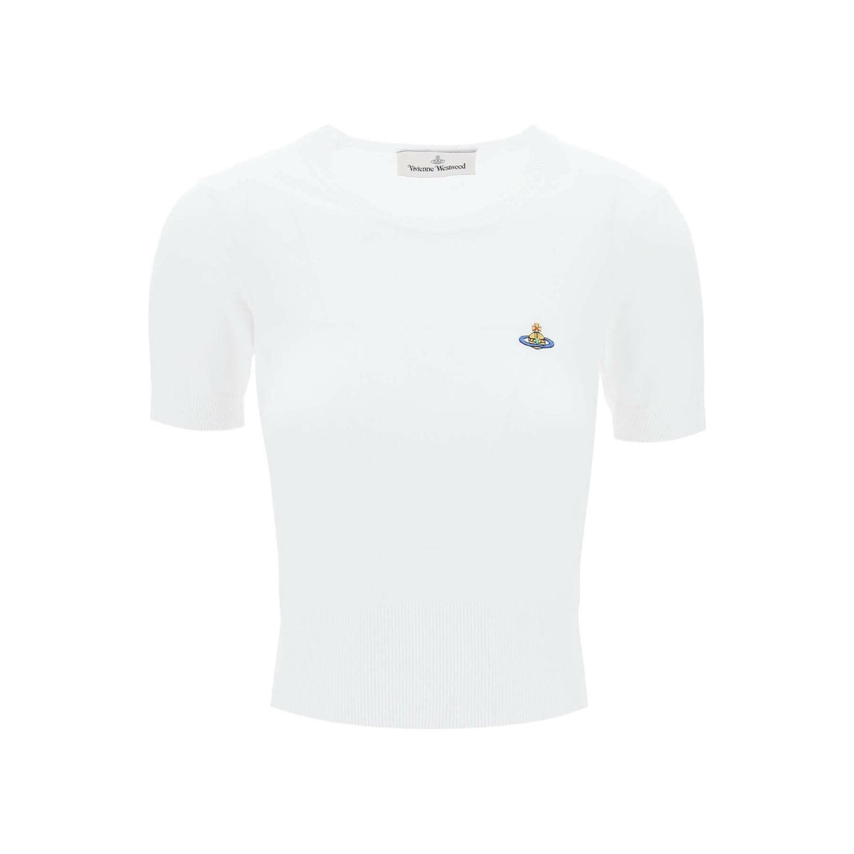 VIVIENNE WESTWOOD - White Bea Short Sleeve Cotton Sweater With Orb Embroidery - JOHN JULIA