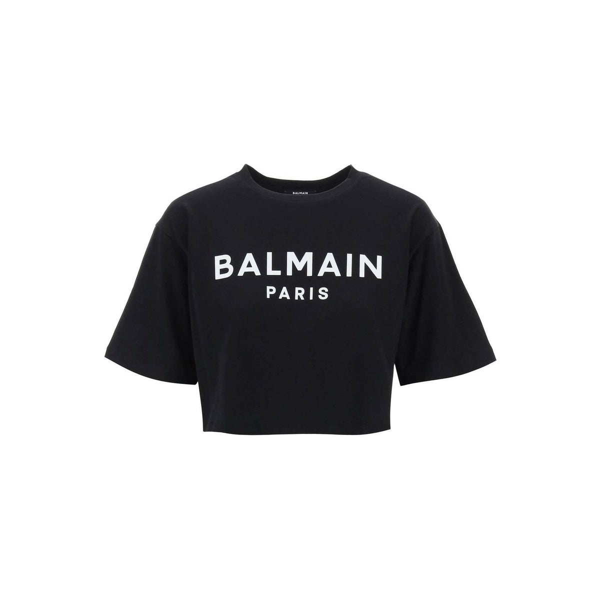 BALMAIN - Black Logo Print Boxy-Fit Cropped T-Shirt - JOHN JULIA