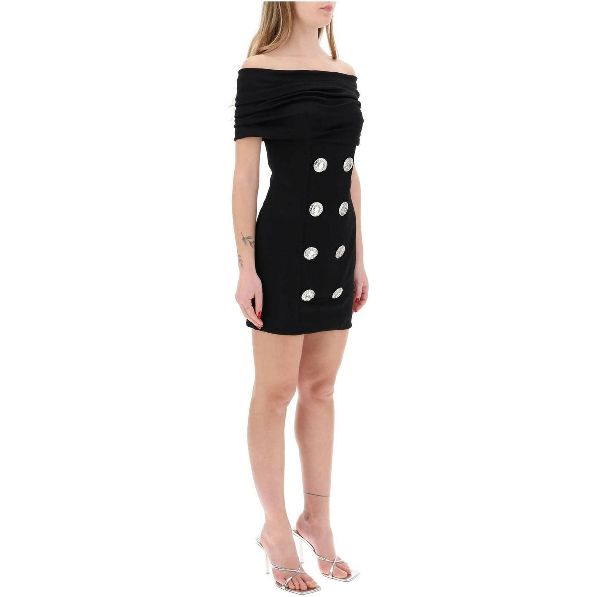 BALMAIN - Black Off-The-Shoulder Viscose Crystal-Button Mini Dress - JOHN JULIA