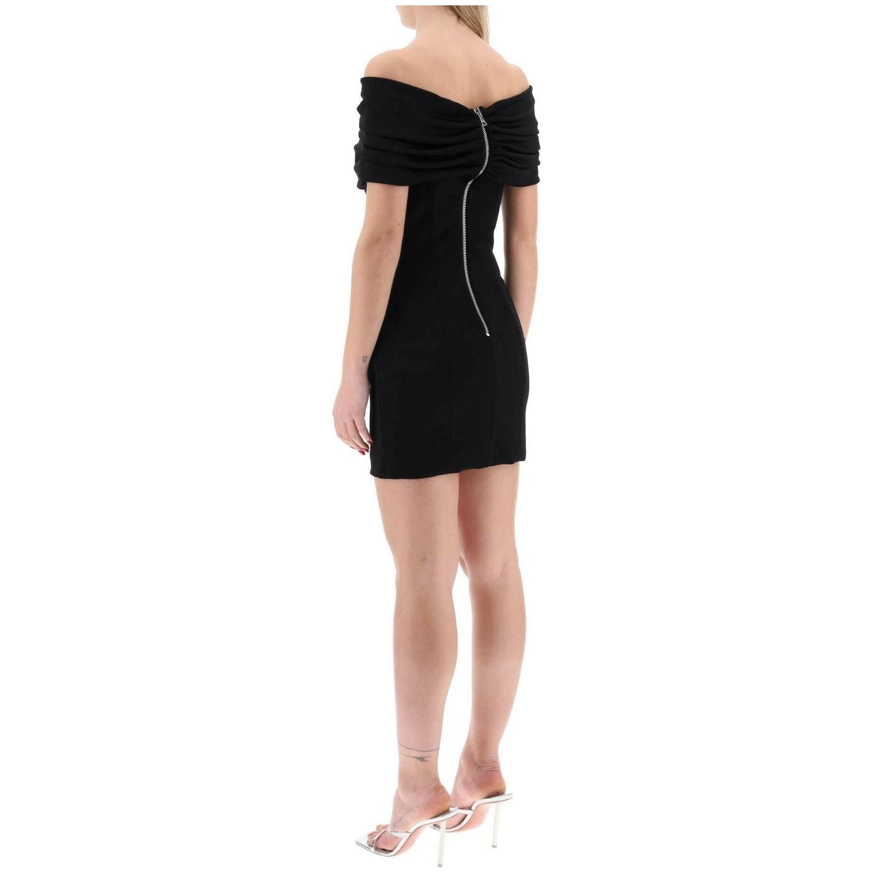 Black Off-The-Shoulder Viscose Crystal-Button Mini Dress BALMAIN JOHN JULIA.