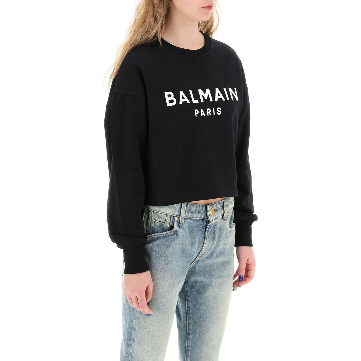 BALMAIN - Cropped Sweatshirt With Flocked Logo - JOHN JULIA