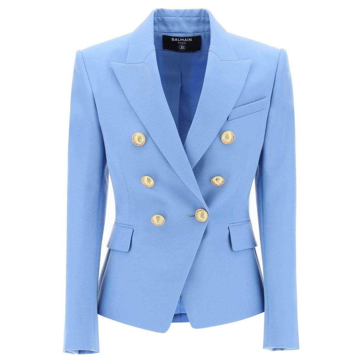 BALMAIN - Fitted Sky Blue Double-Breasted Wool Grain de Poudre Jacket - JOHN JULIA