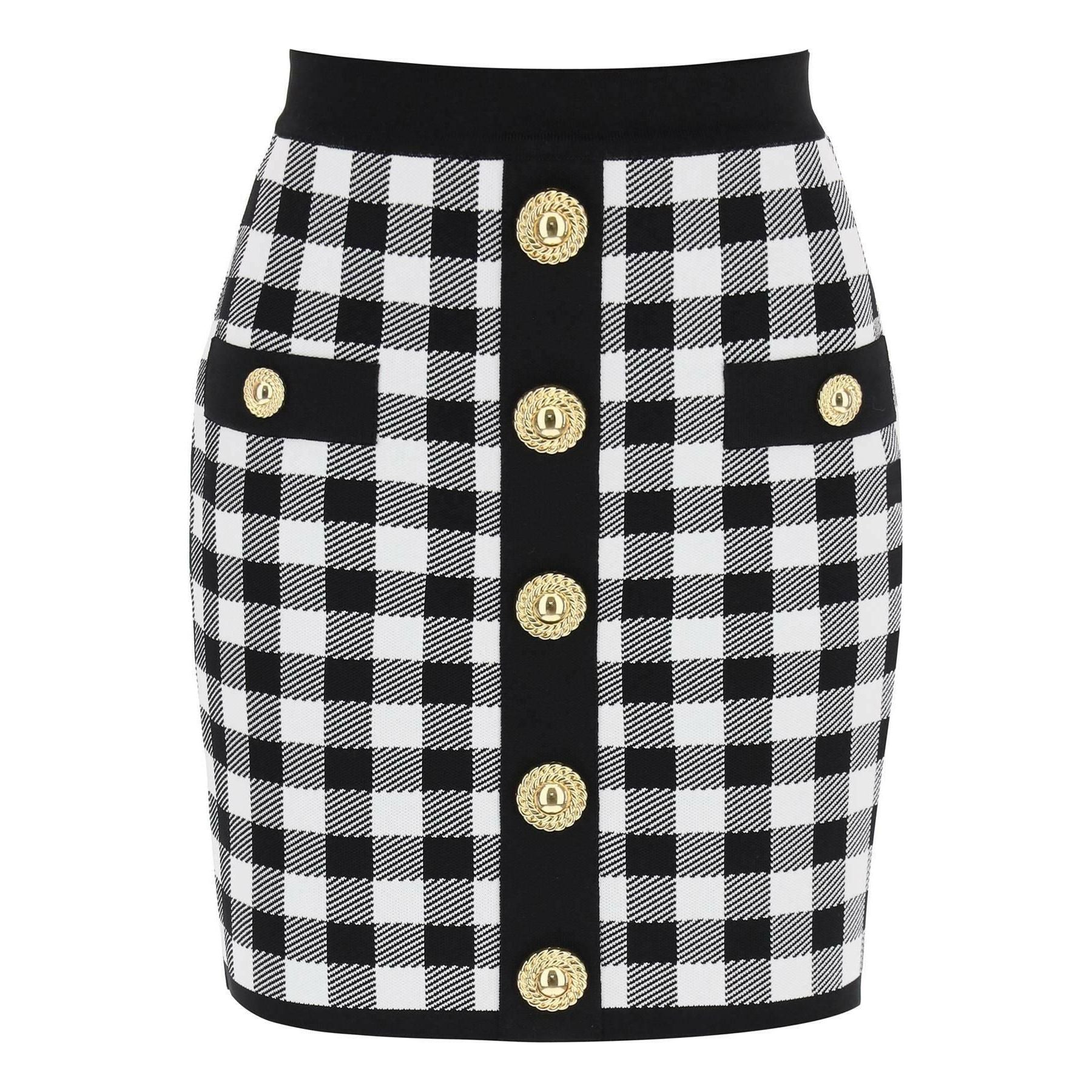 Gingham Knit Mini Skirt With Embossed Buttons BALMAIN JOHN JULIA.