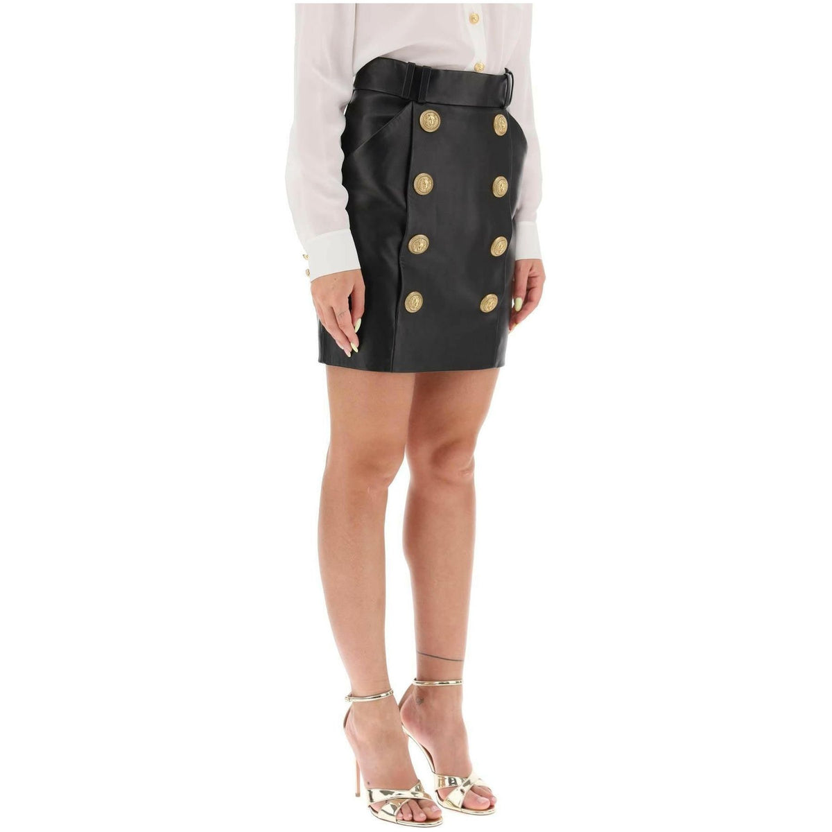 Lamb Leather Mini Skirt With Ornamental Buttons BALMAIN JOHN JULIA.