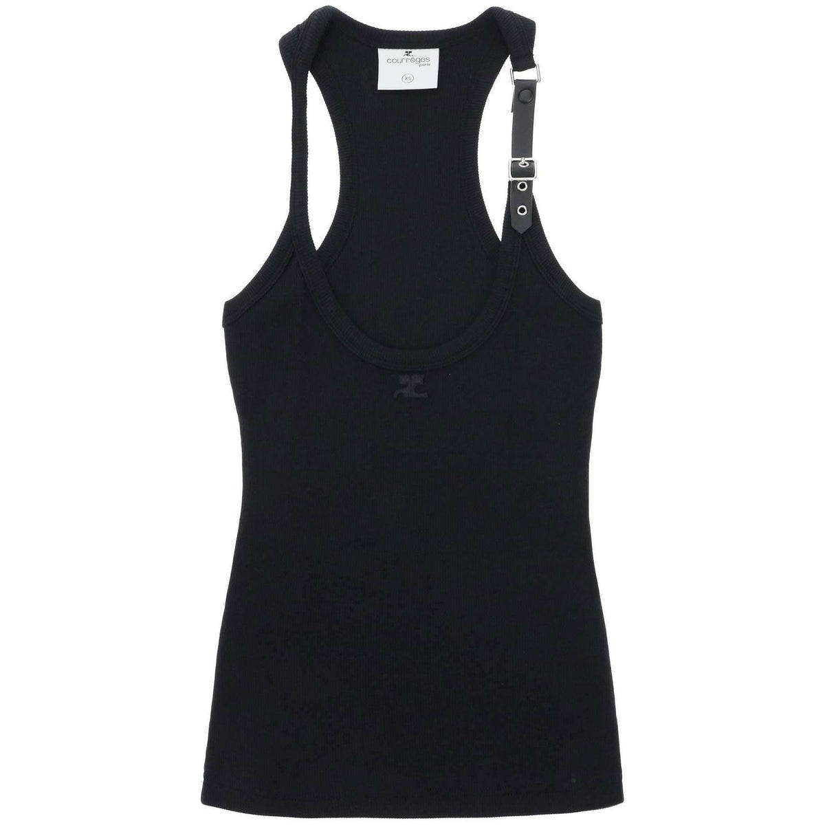 COURREGES - Black Holistic Ribbed Stretch-Cotton Tank with Buckle Detail - JOHN JULIA