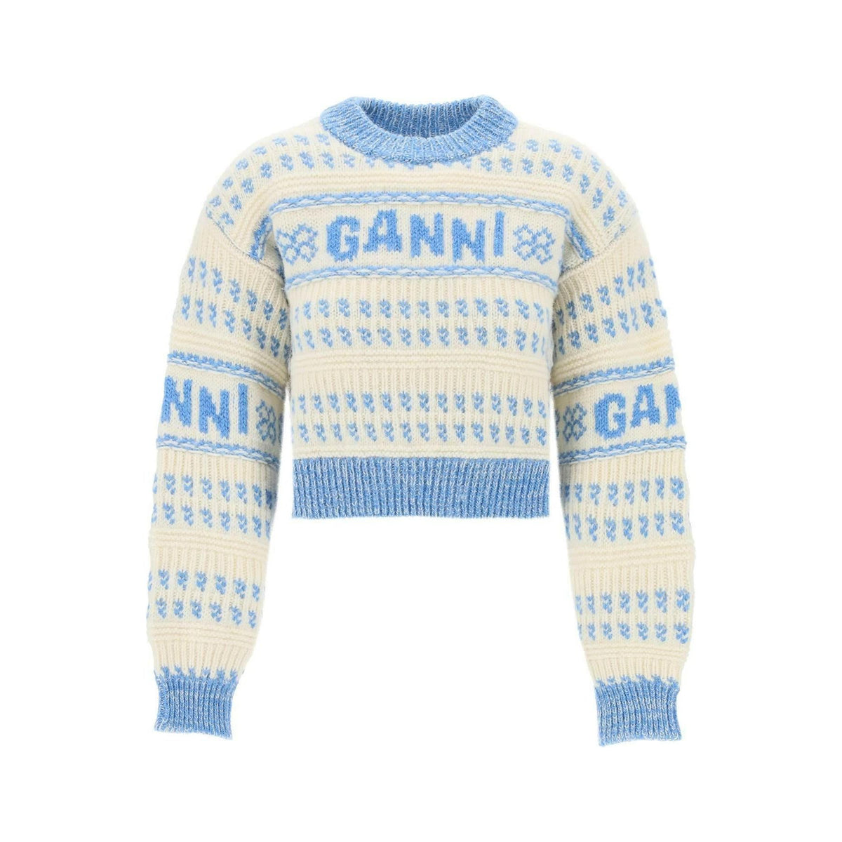 GANNI - Strong Blue Jacquard Organic Wool Sweater - JOHN JULIA