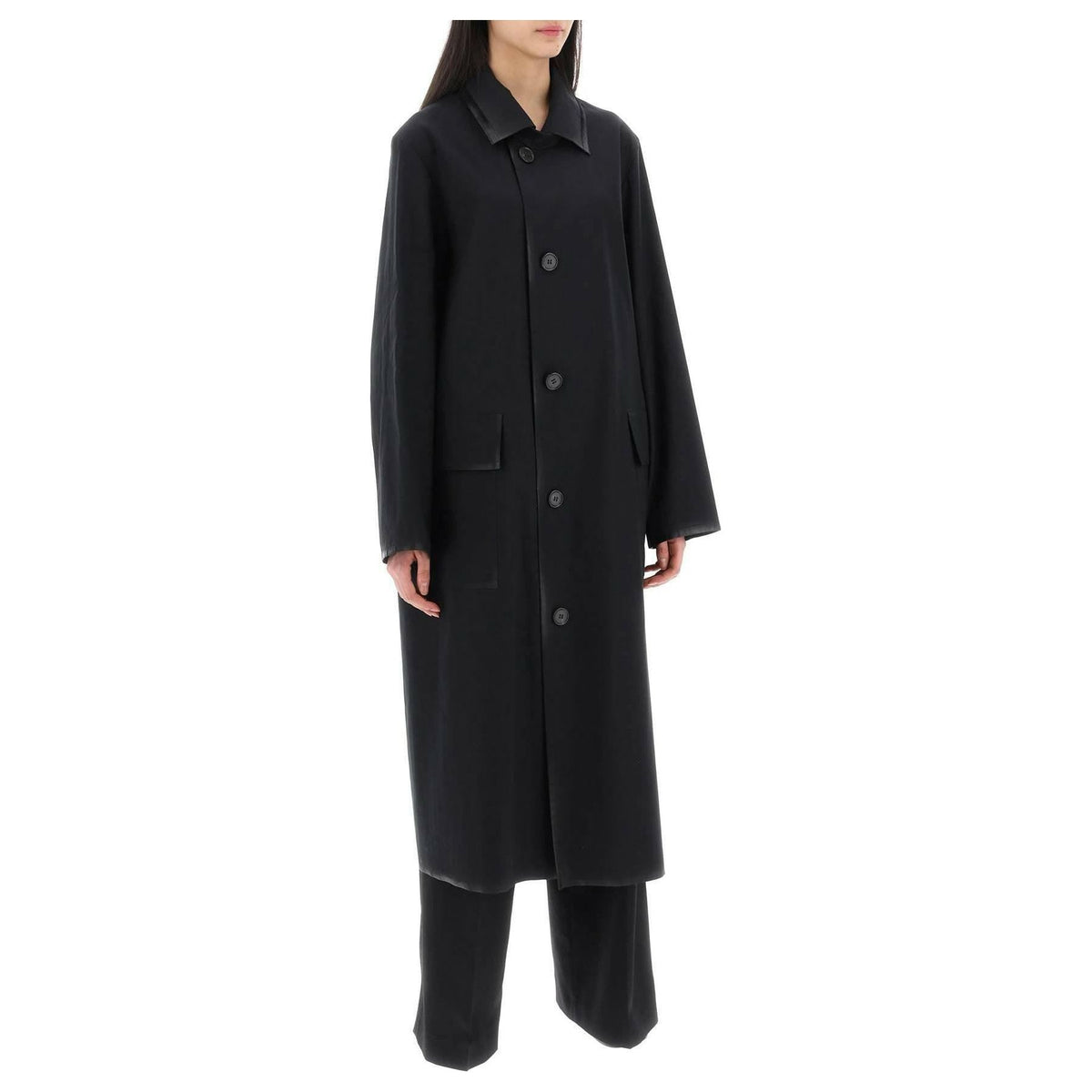 MAISON MARGIELA - Black Cotton Coat With Laminated Trim Details - JOHN JULIA