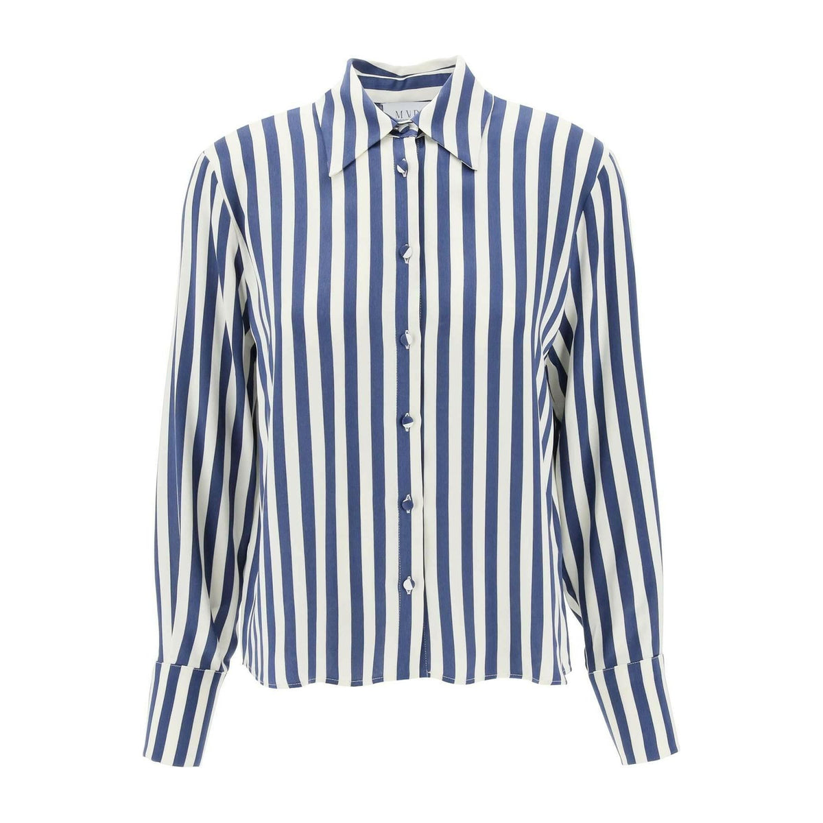 MVP WARDROBE - Cream and Deep Blue Striped Charmeuse Shirt - JOHN JULIA