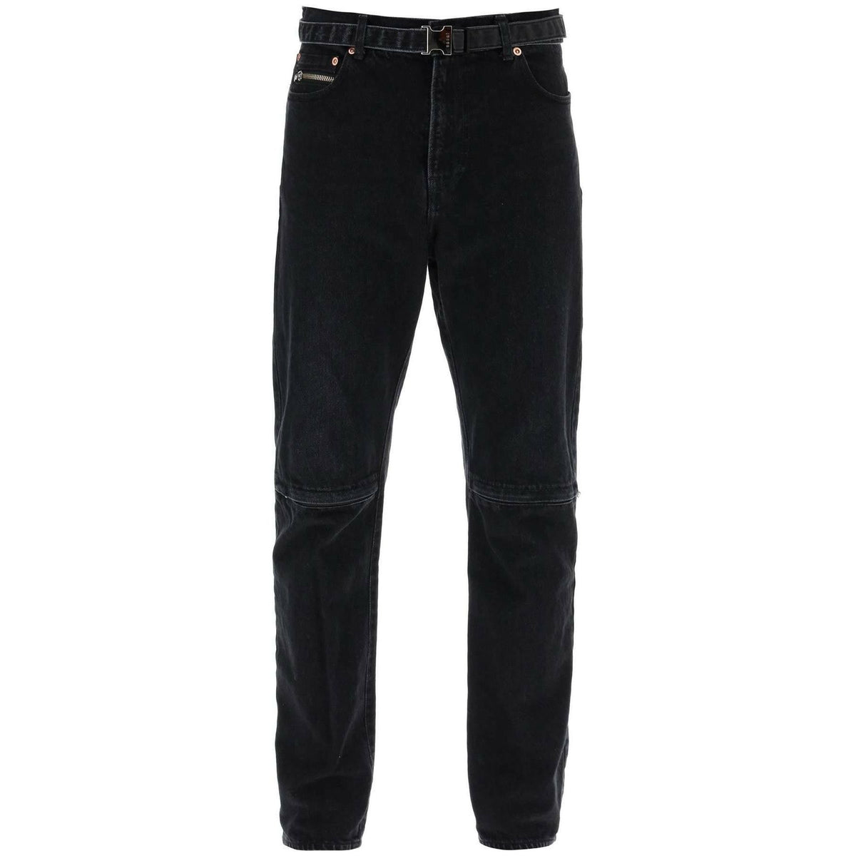 Slim Black Washed Cotton Slim-Fit Belted Jeans SACAI JOHN JULIA.