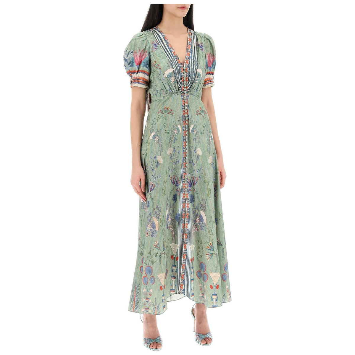 SALONI - Green 'Lea' Printed Silk Long Dress - JOHN JULIA