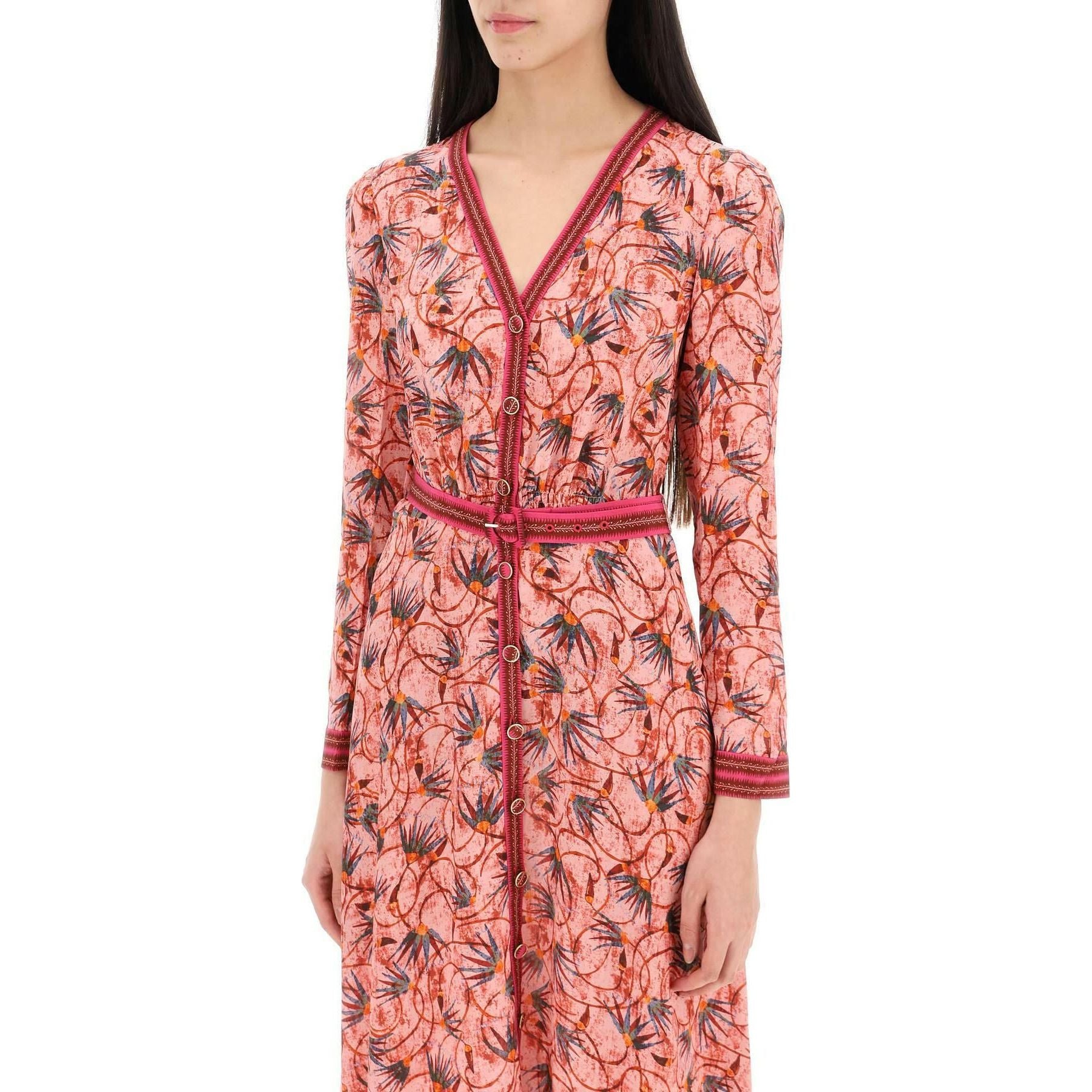 Pink Lea Button-Front Silk Crepe de Chine Long Dress SALONI JOHN JULIA.
