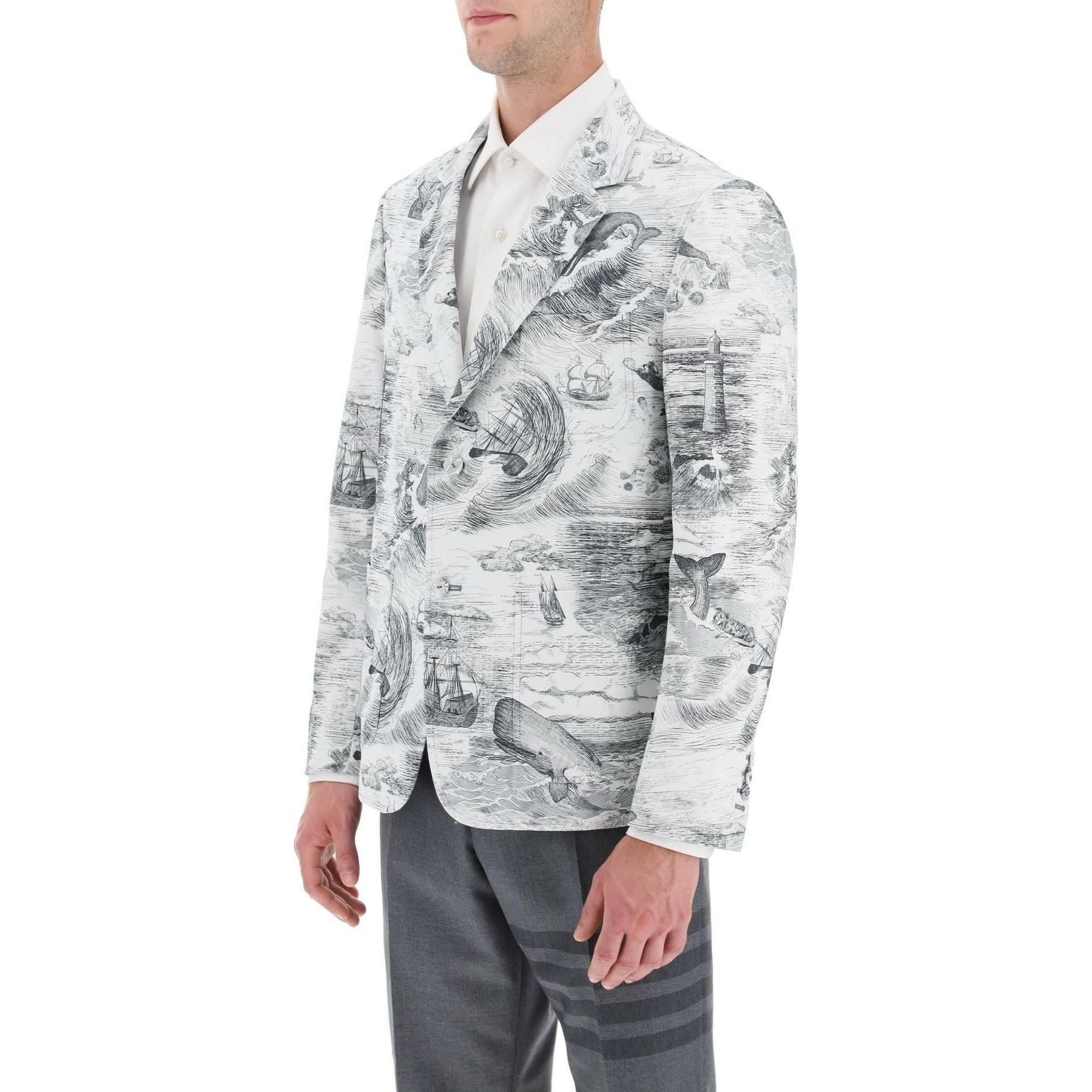 Deconstructed Single Breasted Jacket With Nautical Toile Motif THOM BROWNE JOHN JULIA.