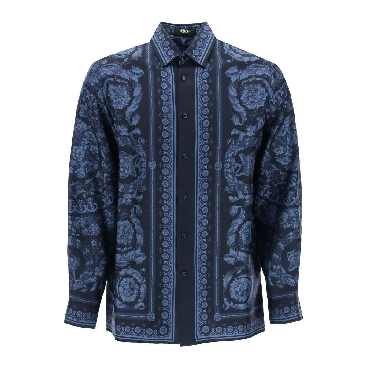 VERSACE - Navy Blue Barocco Silk Print Shirt - JOHN JULIA