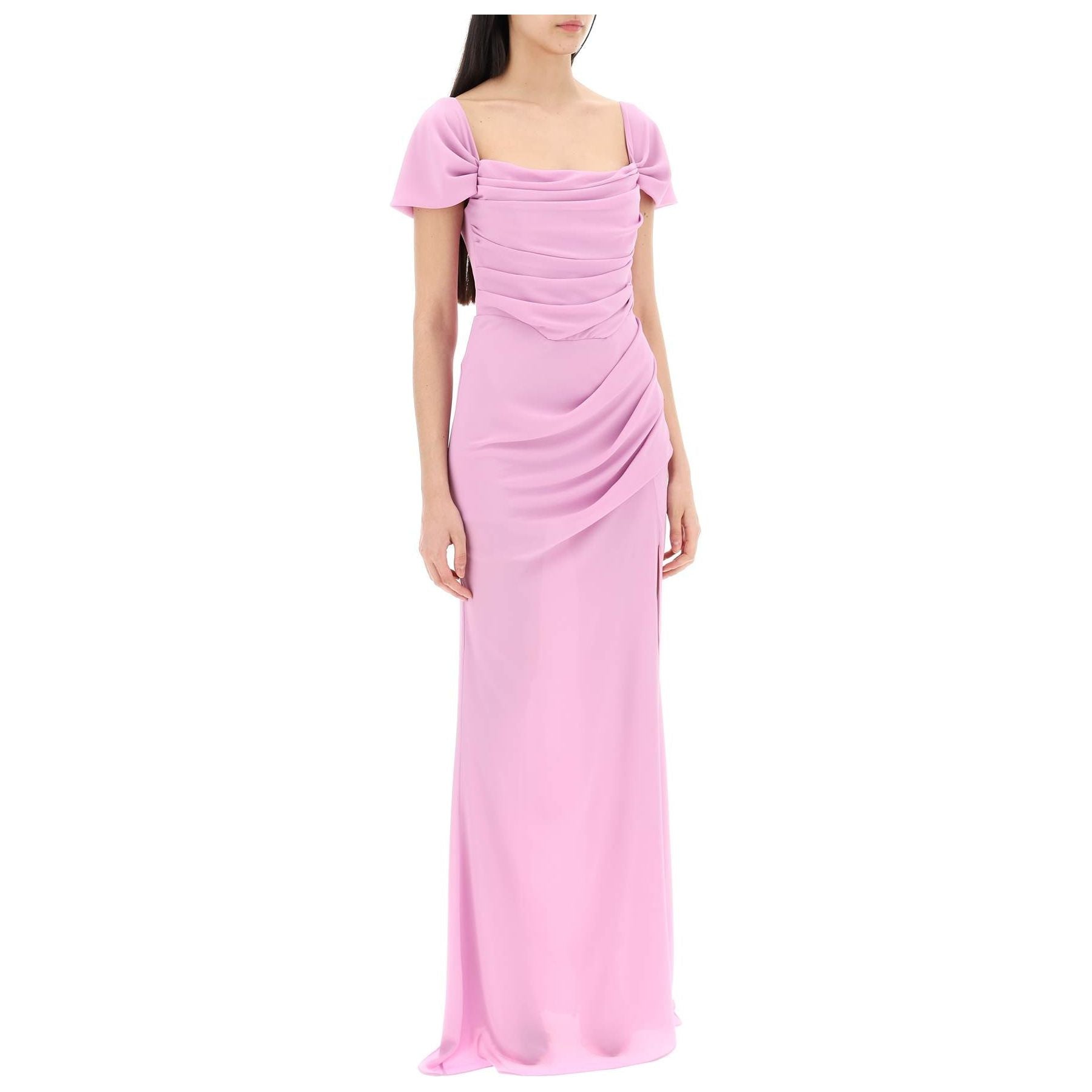 Draped Crepe Cap-Sleeve Gown