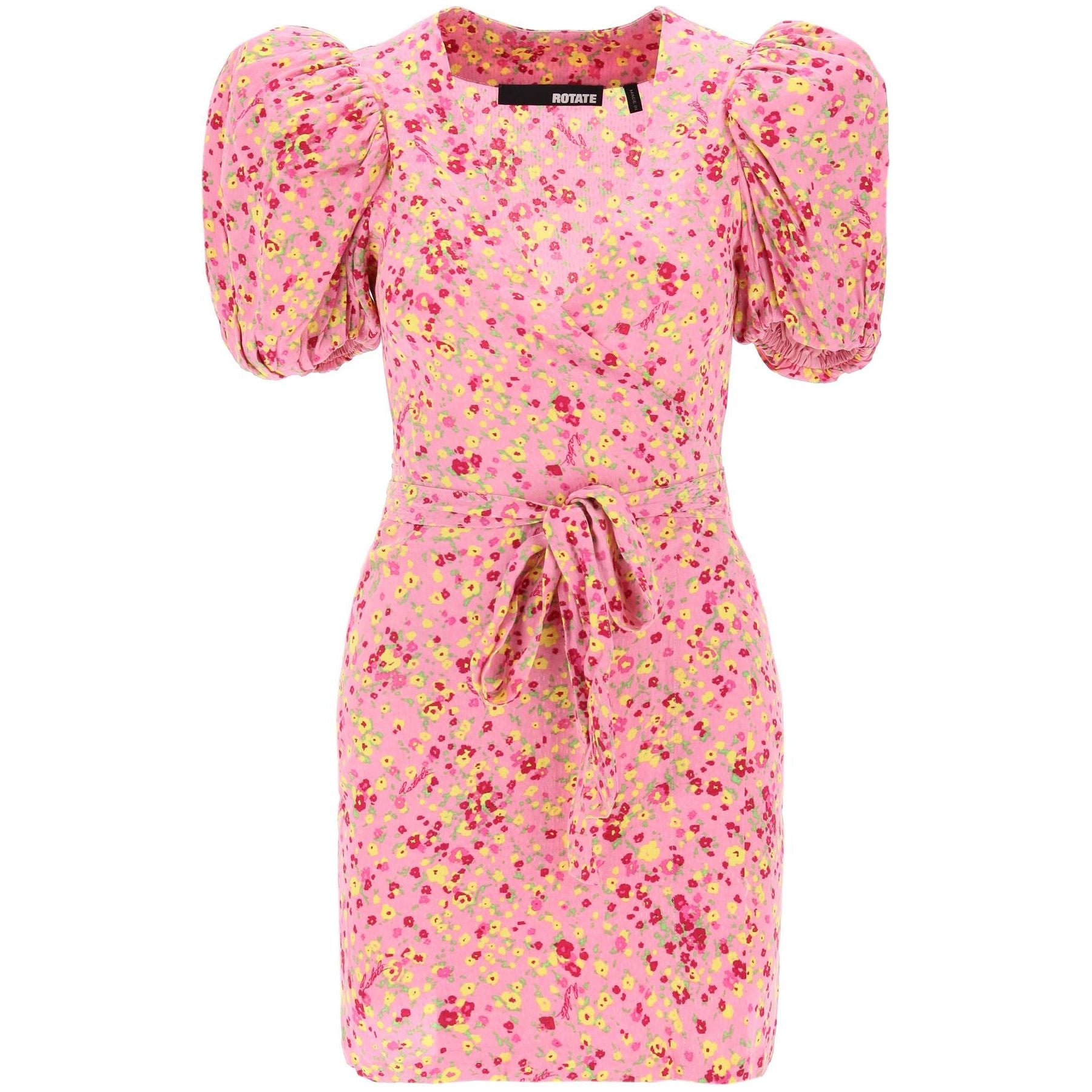 Floral Jacquard Mini Wrap Dress with Puff Sleeves