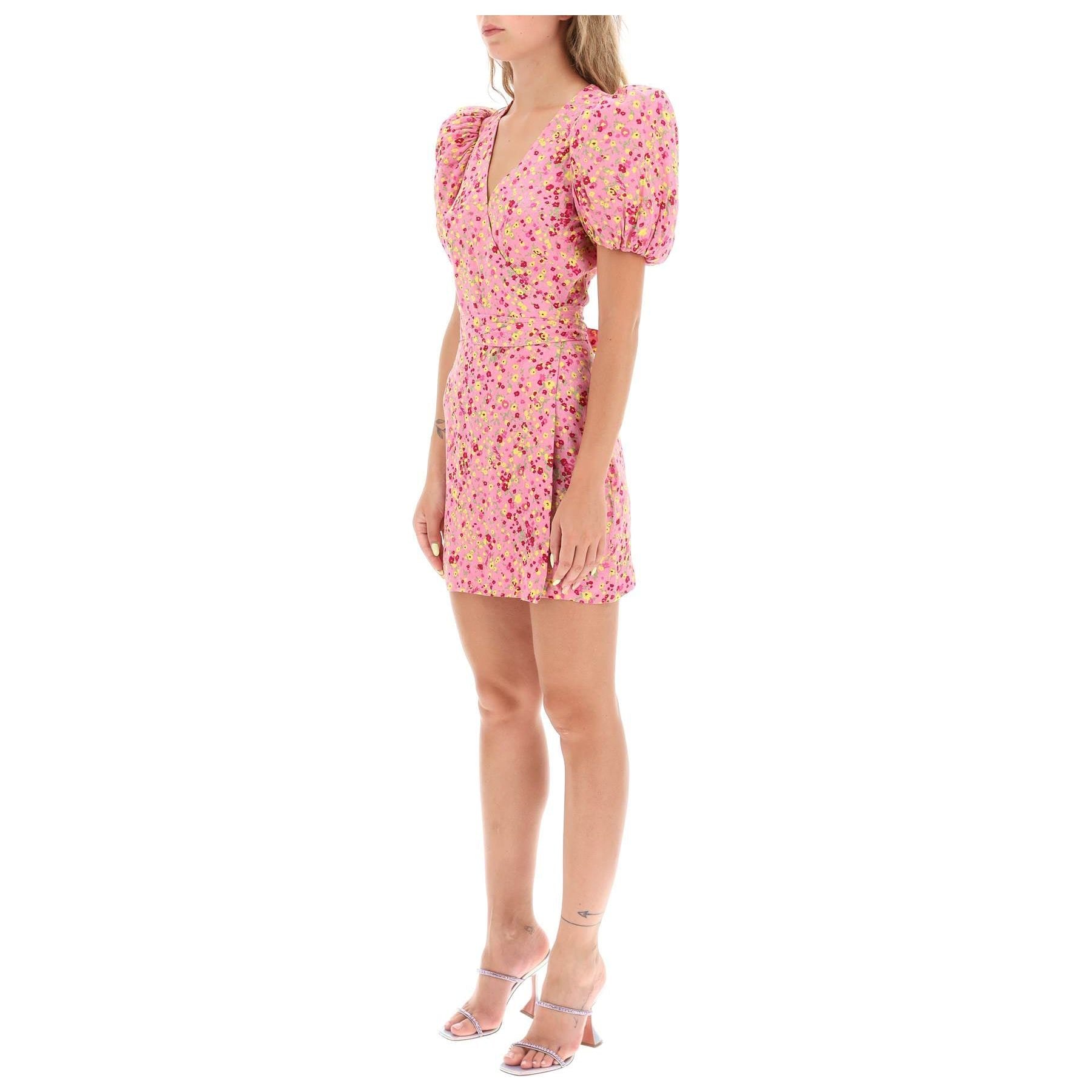 Floral Jacquard Mini Wrap Dress with Puff Sleeves