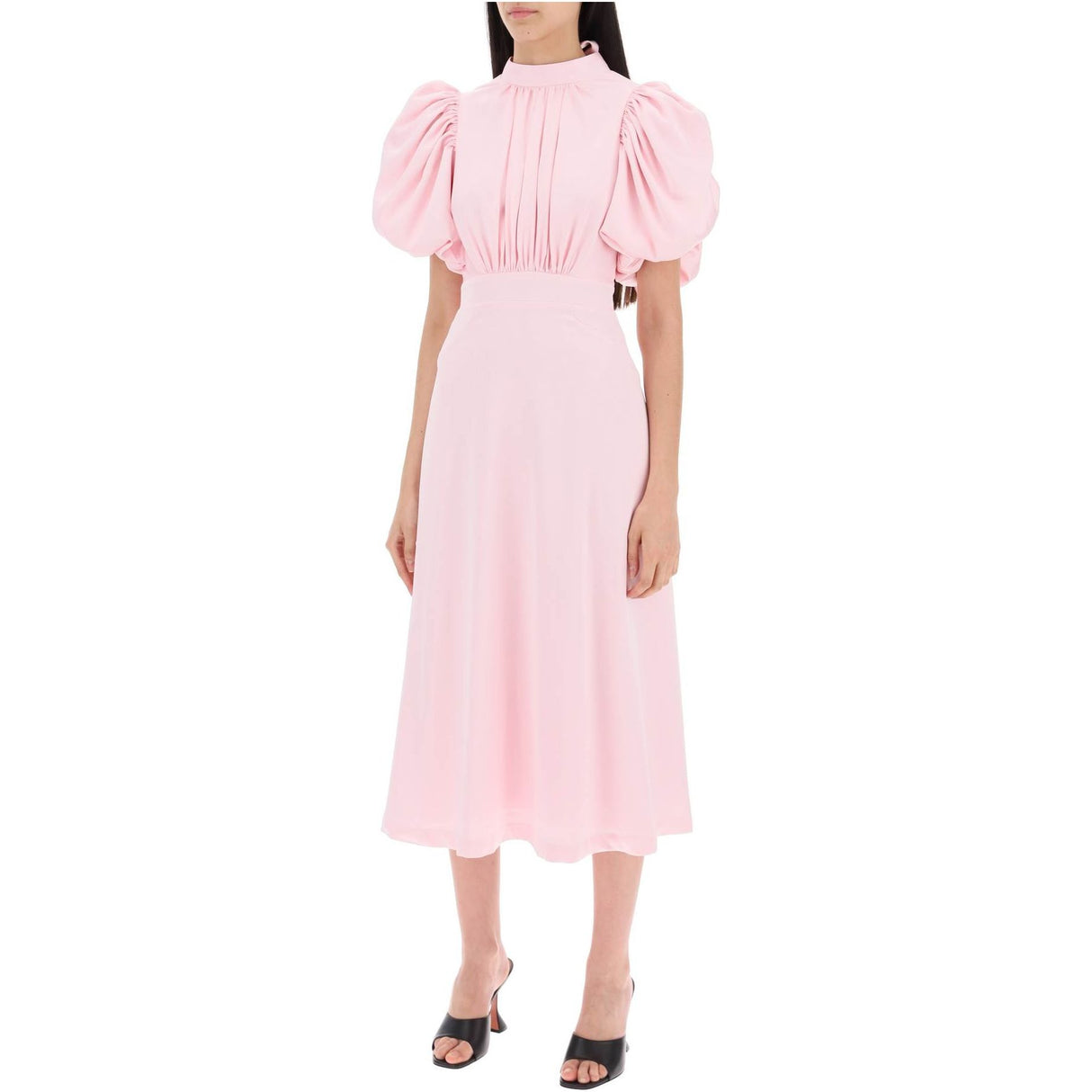 Midi Satin Dress With Balloon Sleeves