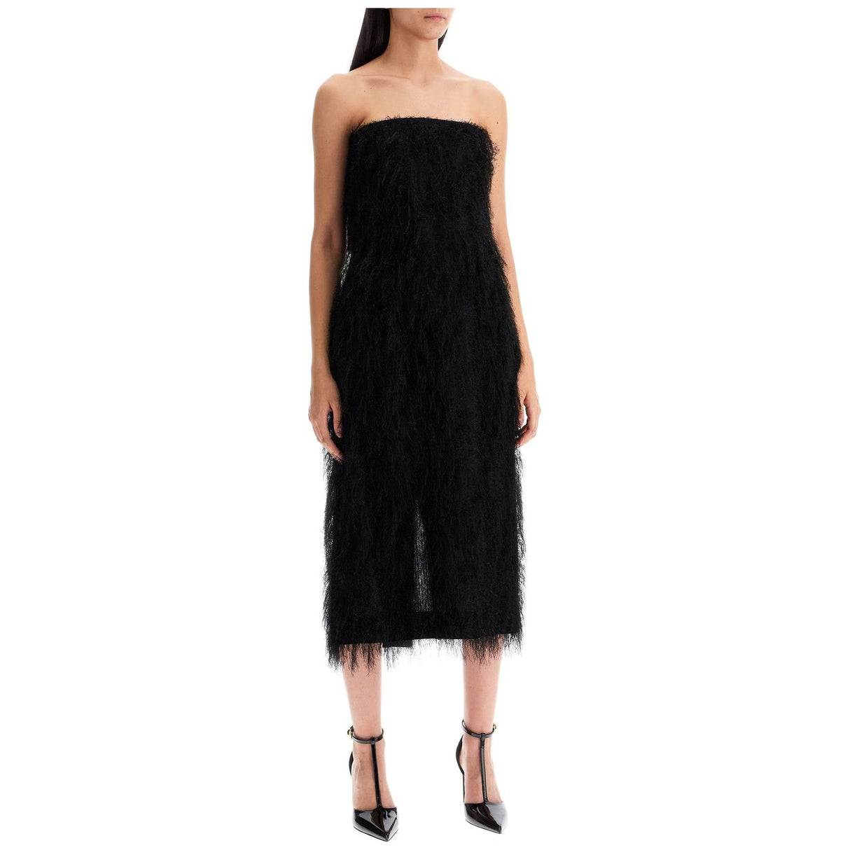 Fringe-Trimmed Sheath Dress Straight Neckline Viscose