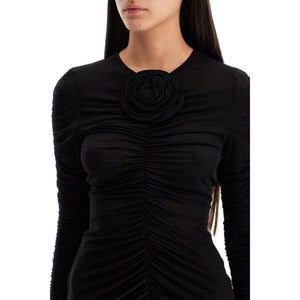 Sheer Ruched Rose Appliqué Top.