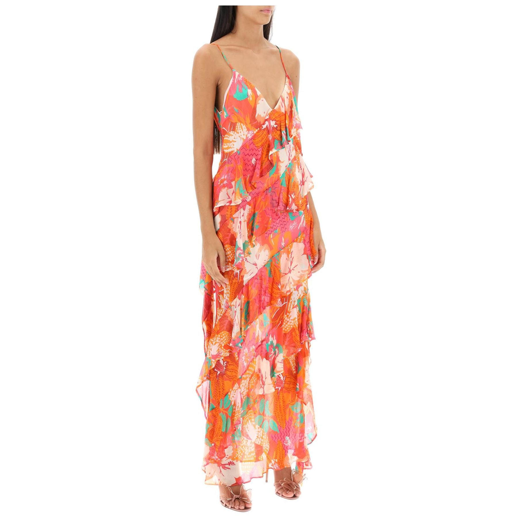 Maxi Frilled Dress With Tropical Motif