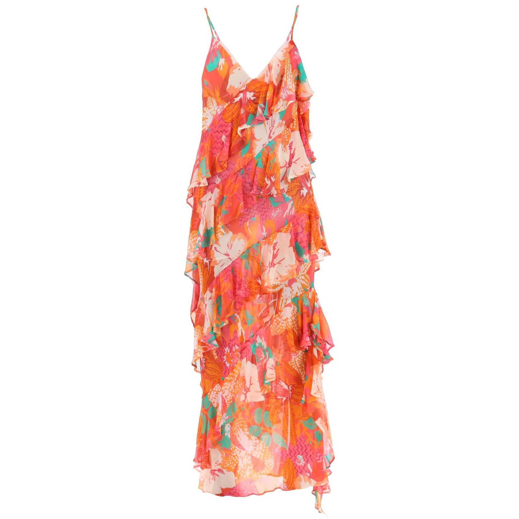 Maxi Frilled Dress With Tropical Motif