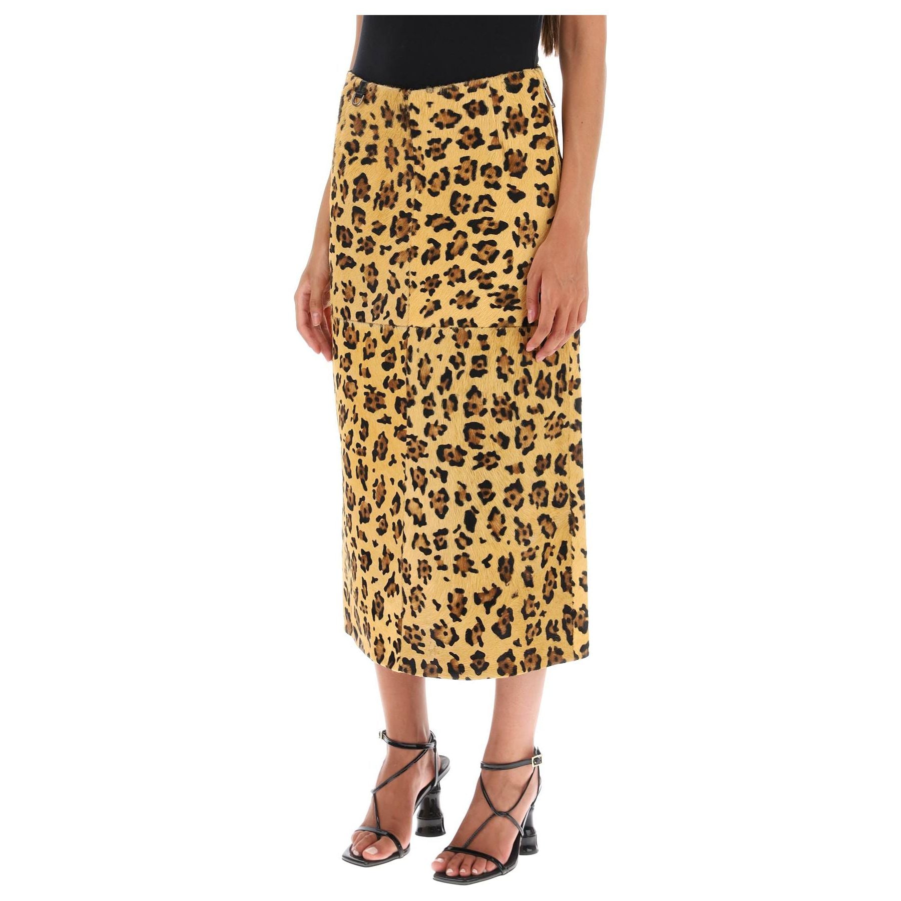 Leopard Print 'Carolyn' Calf Leather Midi Skirt