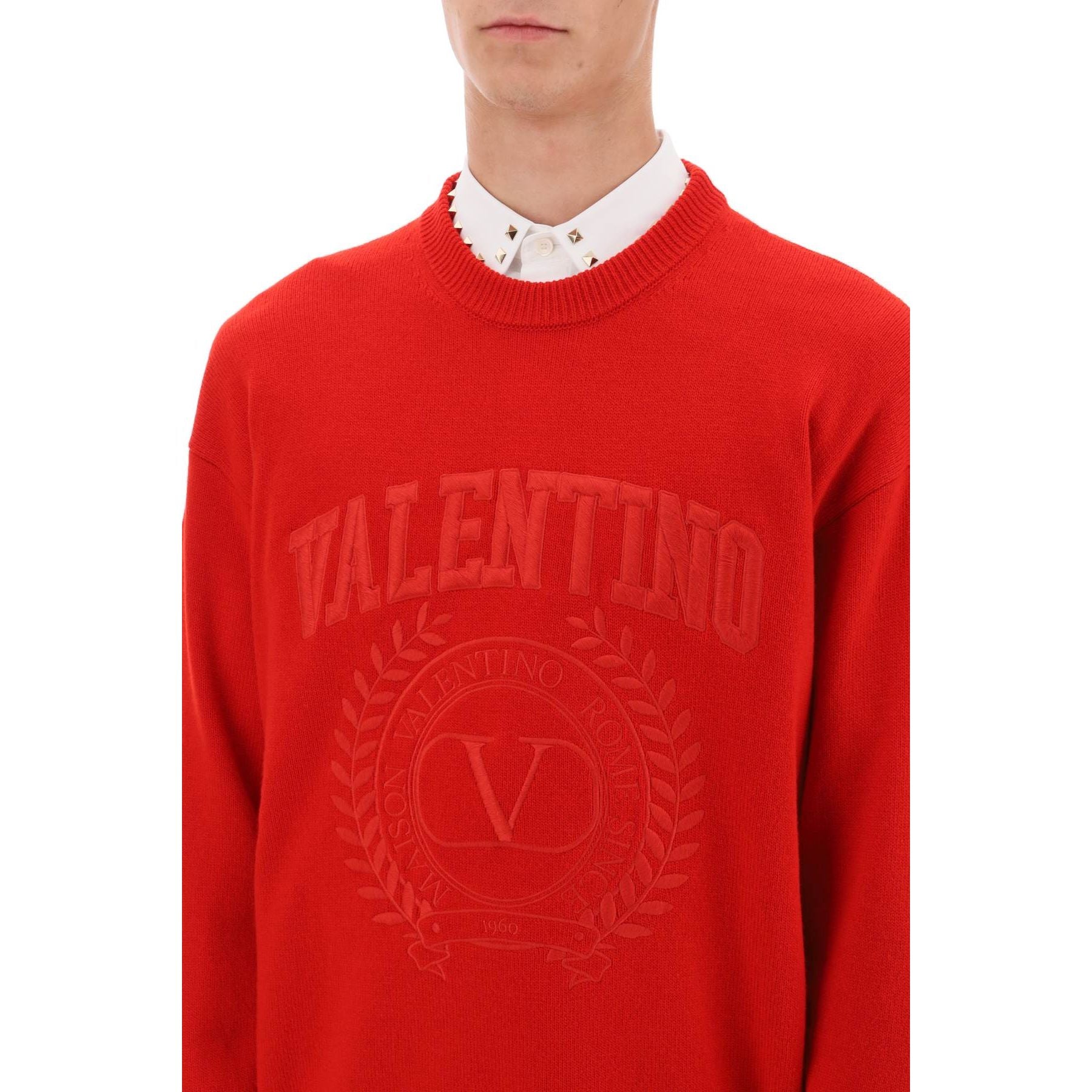 Crew Neck Sweater With Maison Valentino Embroidery