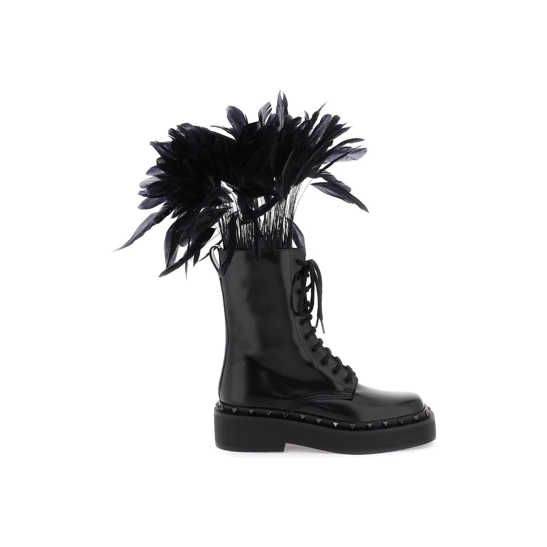 Leather M Way Rockstud Combat Boots With Feathers
