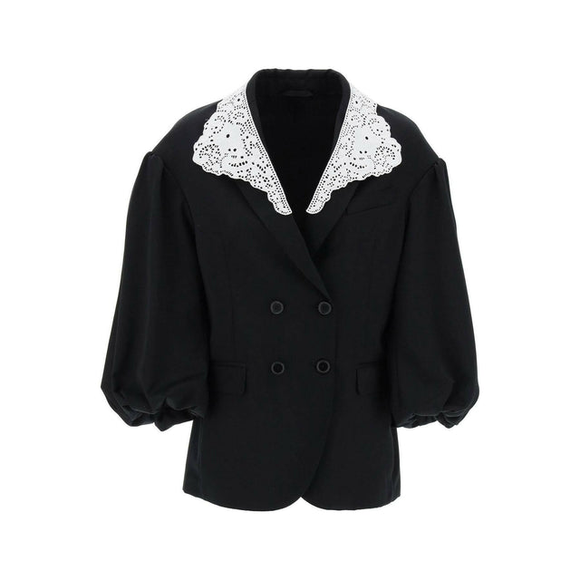 Lace Collar Puff Sleeve Double-Breasted Jacket.