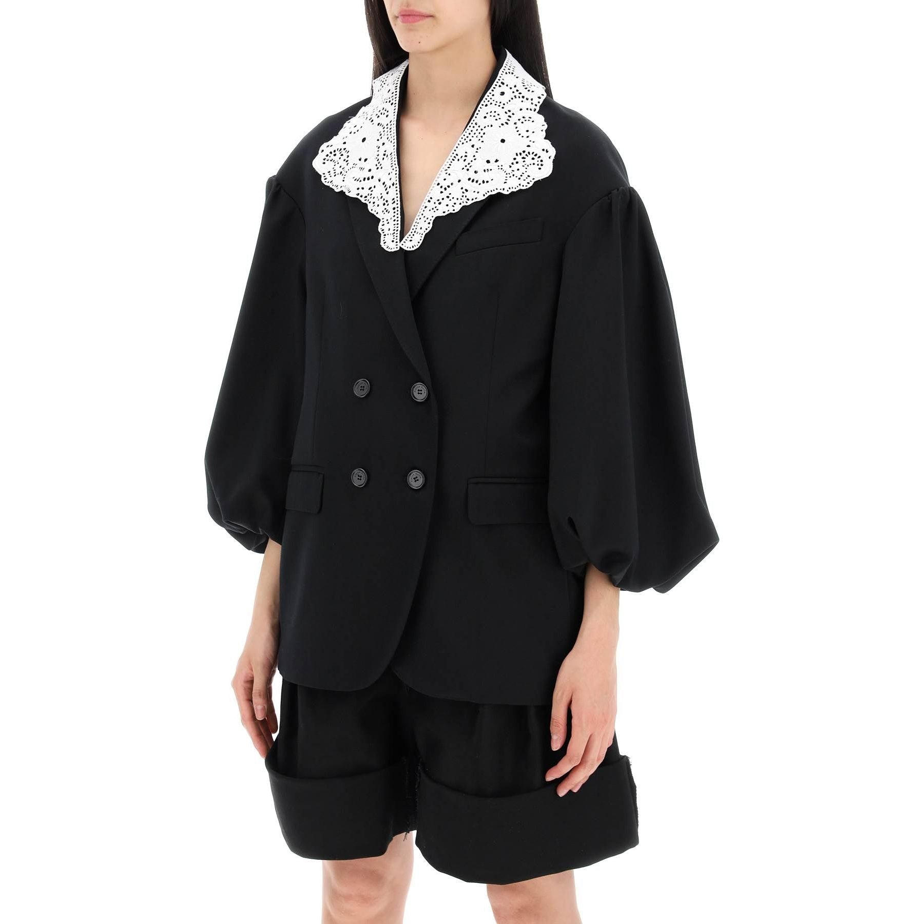 Lace Collar Puff Sleeve Double-Breasted Jacket