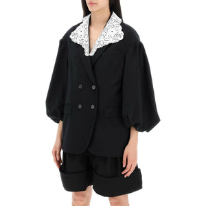 Lace Collar Puff Sleeve Double-Breasted Jacket.