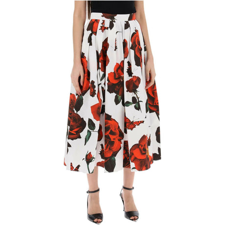 ALEXANDER MCQUEEN White and Tudor Rose Printed Pleated Cotton Midi Skirt JOHN JULIA.